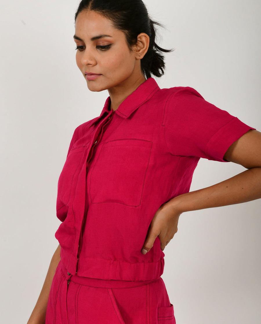 A Model Wearing Pink Organic Cotton Viva Magenta  Linen Crop Top , curated by Only Ethikal
