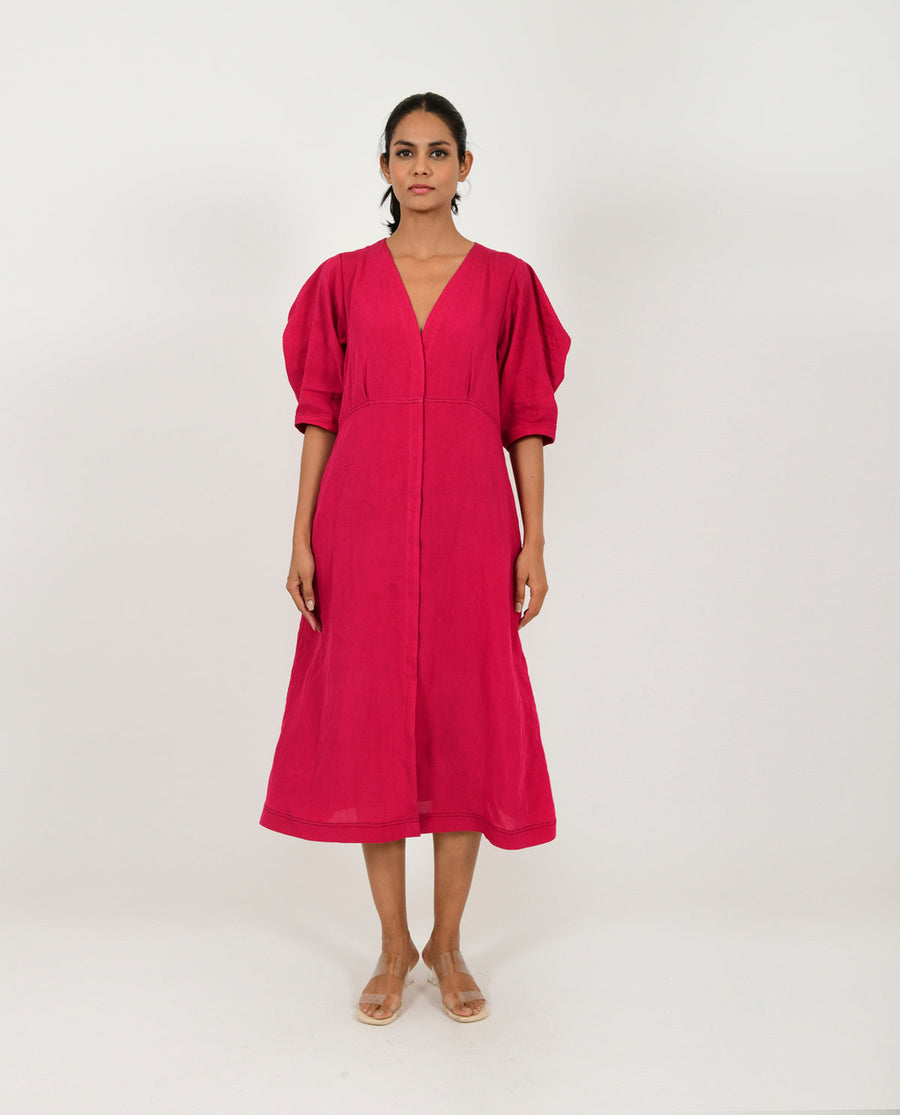 A Model Wearing Pink Organic Cotton Viva Magenta Linen Bell Dress , curated by Only Ethikal