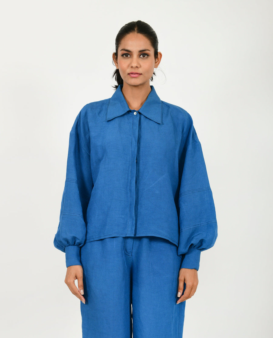 A Model Wearing Blue Organic Cotton Classic Blue Linen Bell Shirt , curated by Only Ethikal