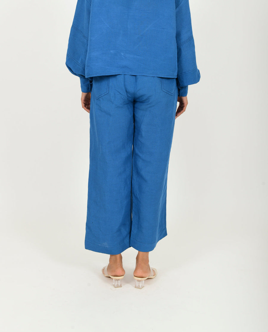 A Model Wearing Blue Organic Cotton Classic Blue Linen Pants, curated by Only Ethikal