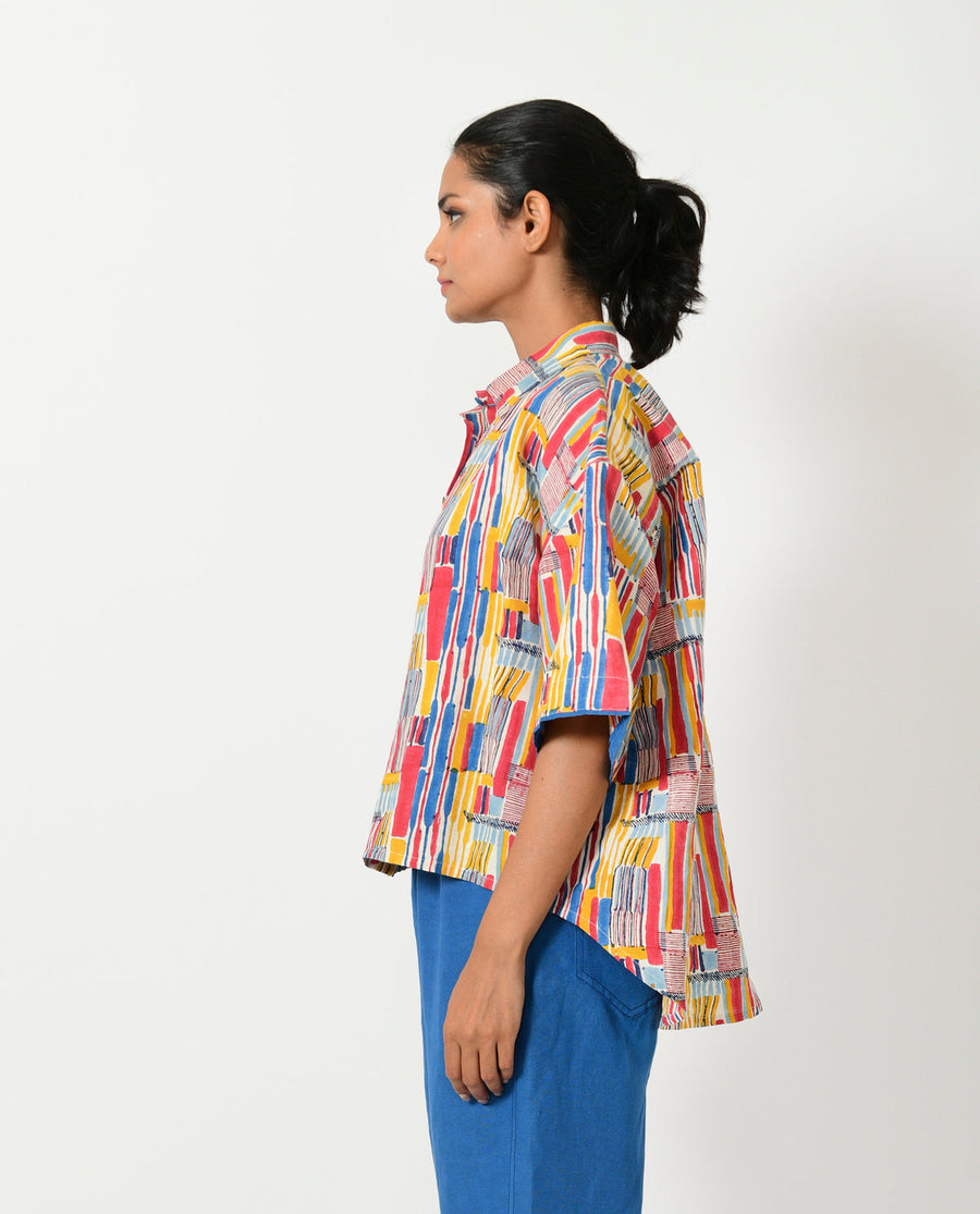 A Model Wearing Multicolor Organic Cotton Scribble Hand Block  Linen Crop Shirt , curated by Only Ethikal
