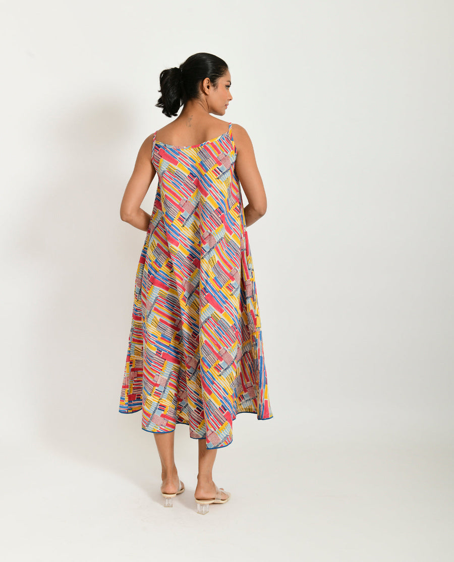 A Model Wearing Multicolor Organic Cotton Scribble Hand Block  Linen Maxi , curated by Only Ethikal