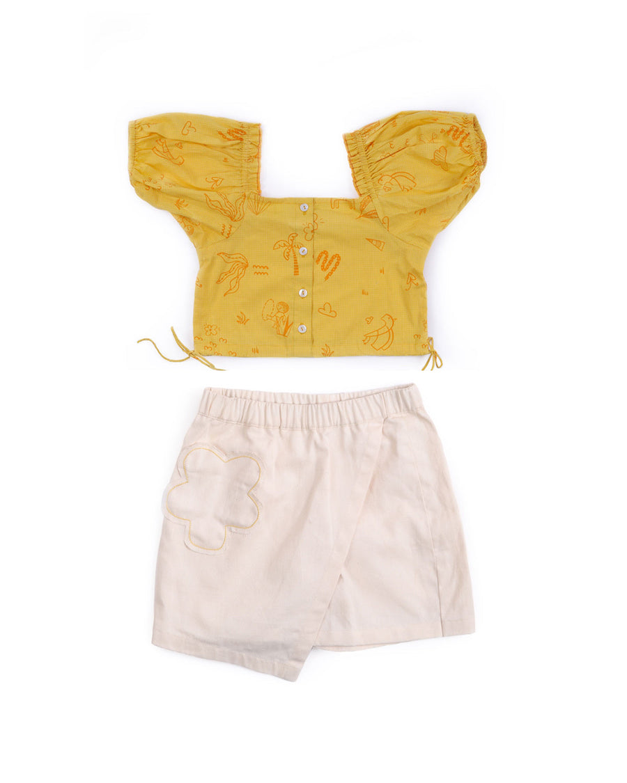 A Model Wearing yellow Organic Cotton Miko Lolo Wonder Wander Co-ord Set, curated by Only Ethikal