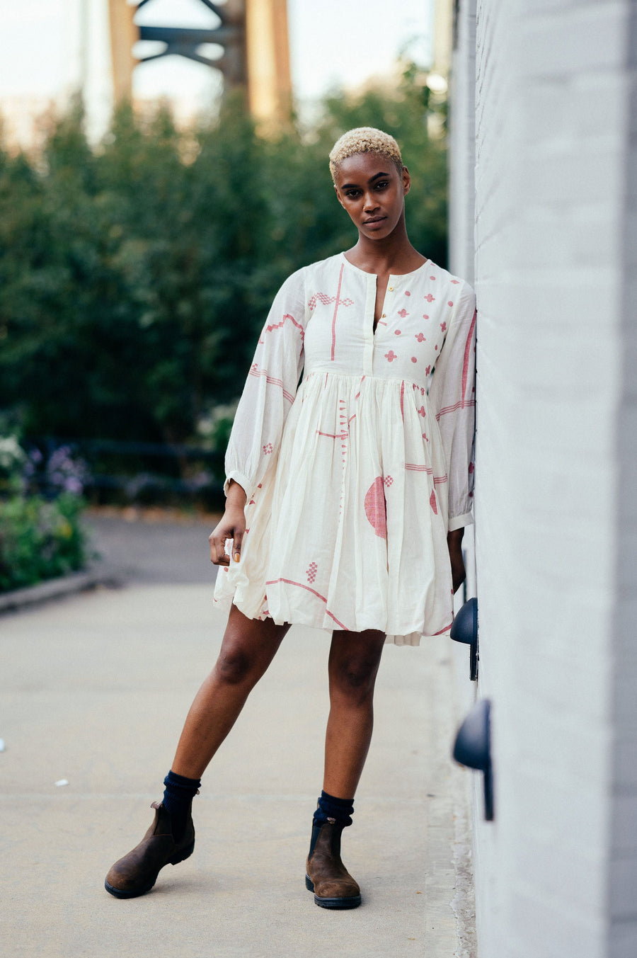 A Model Wearing White Handwoven Cotton Fit And Flare Gathered Dress, curated by Only Ethikal