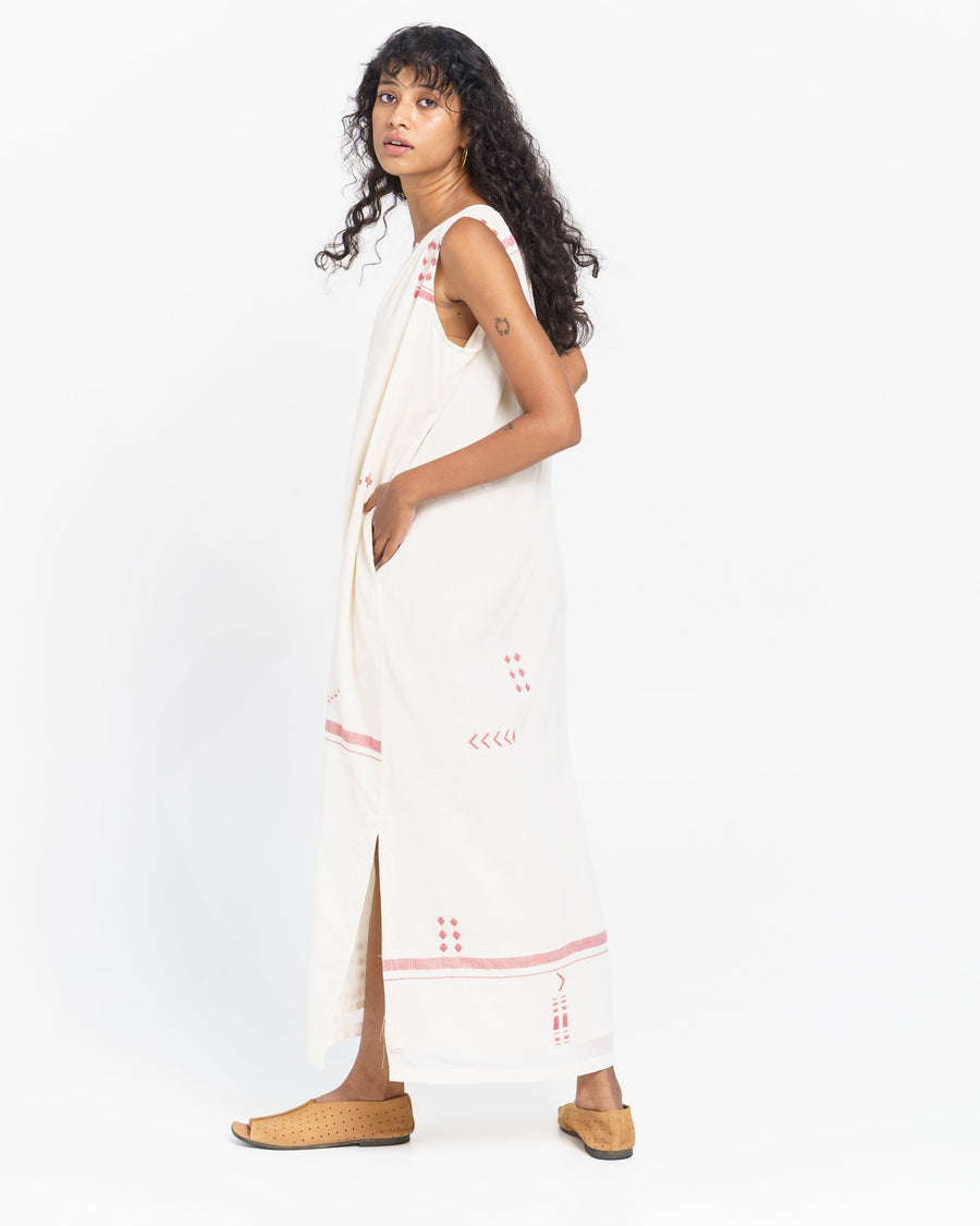 A Model Wearing White Handwoven Cotton Handwoven Jamdani Summer Beach Tunic, curated by Only Ethikal