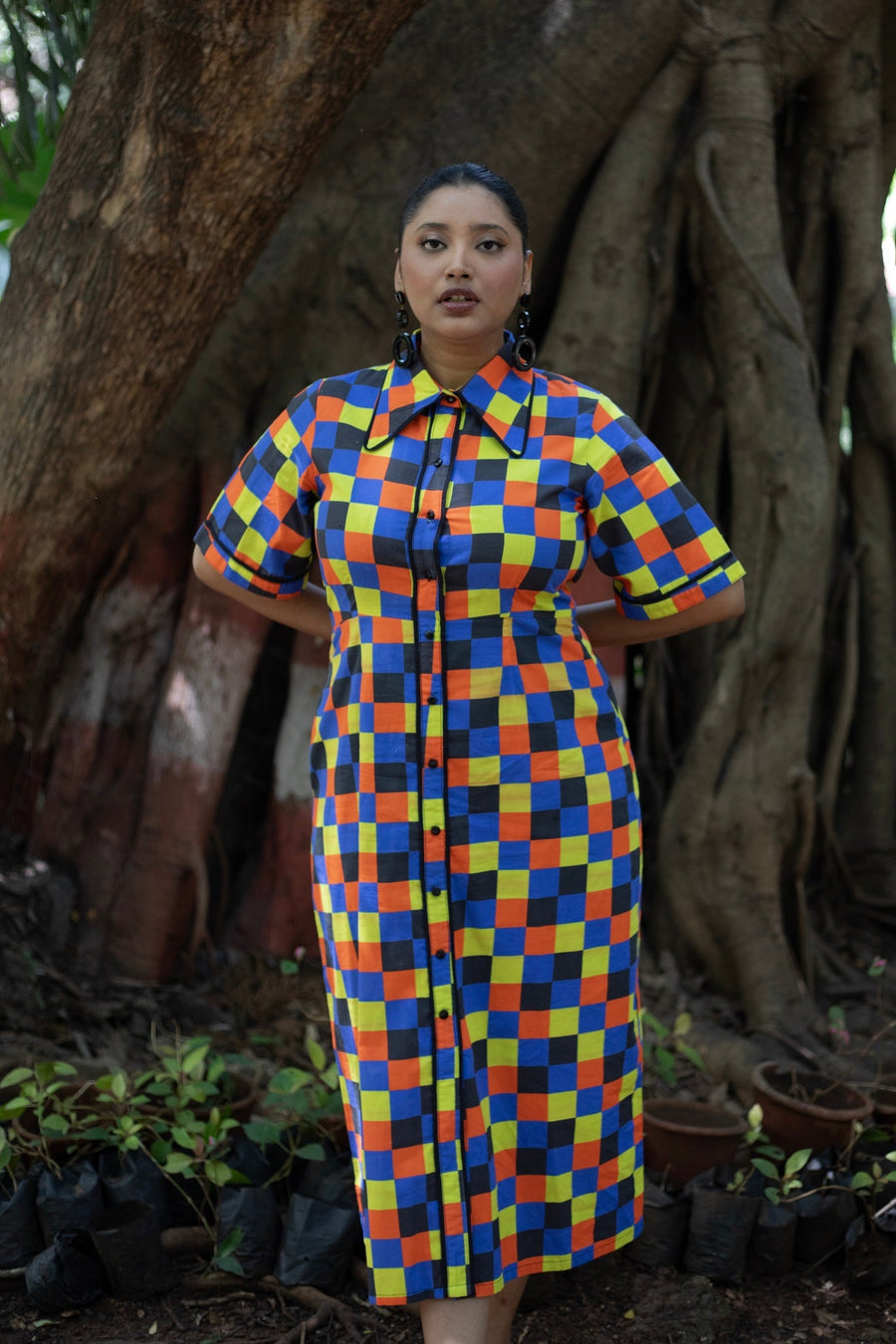 A Model Wearing Multicolor Pure Cotton Izzy Shirt Dress, curated by Only Ethikal