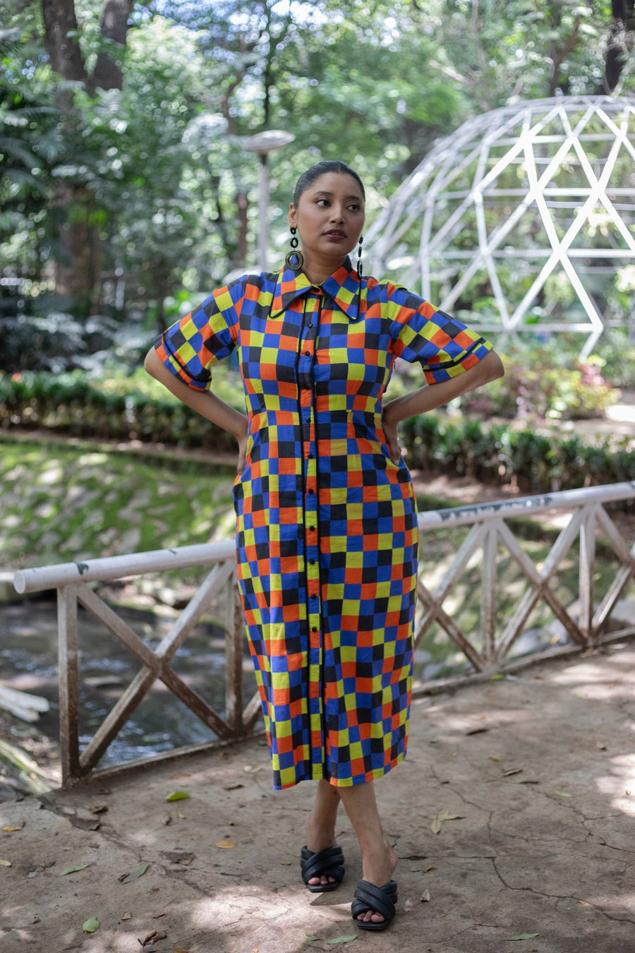 A Model Wearing Multicolor Pure Cotton Izzy Shirt Dress, curated by Only Ethikal