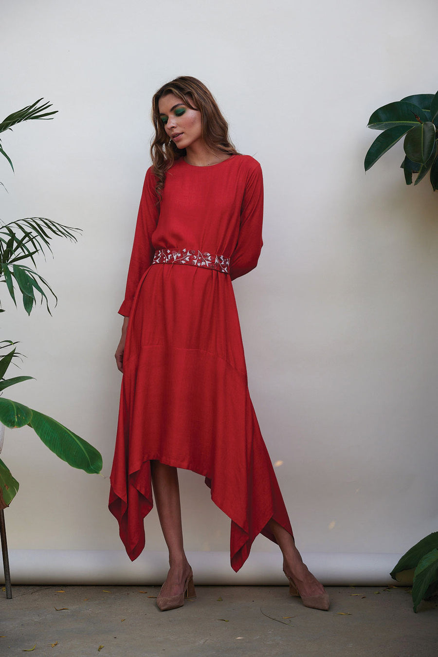 A Model Wearing Red Cotton Scarlet Solid Dress, curated by Only Ethikal