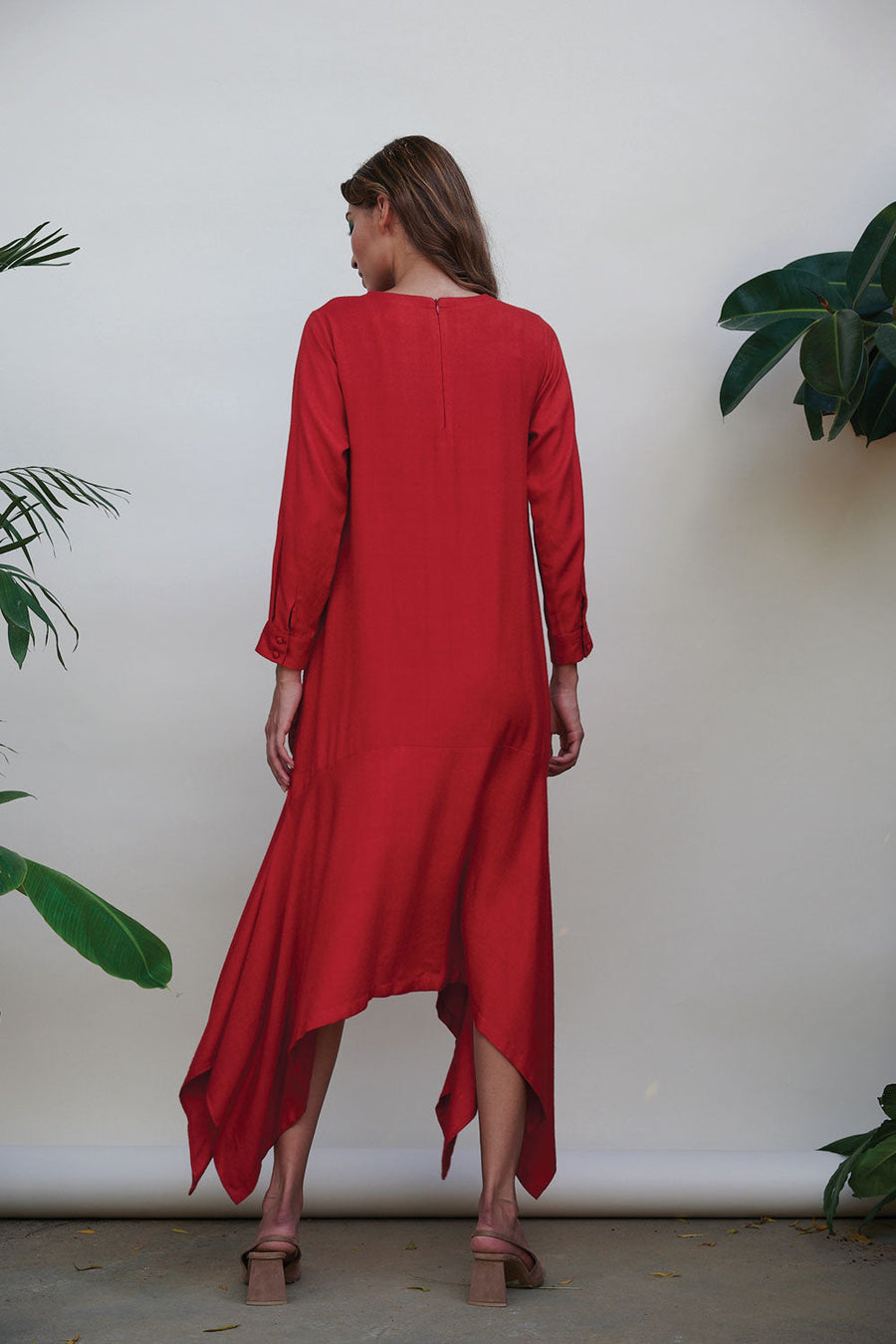 A Model Wearing Red Cotton Scarlet Solid Dress, curated by Only Ethikal