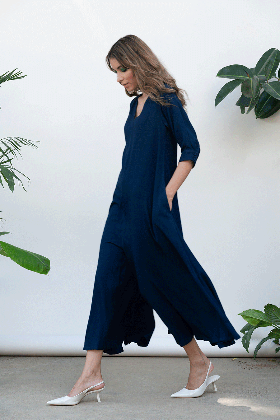 A Model Wearing Blue Cotton Faith Solid Jumpsuit, curated by Only Ethikal