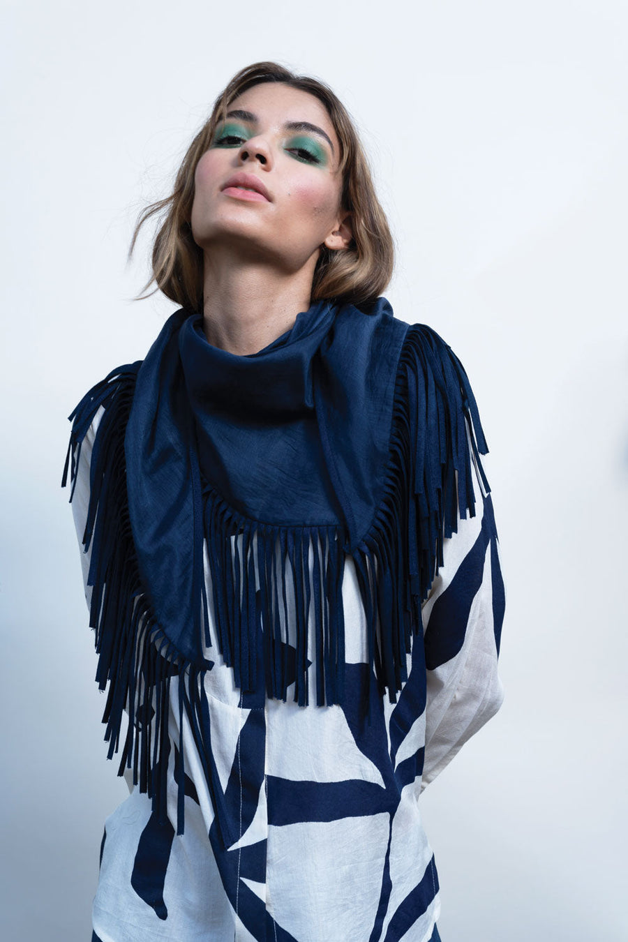 A Model Wearing Blue Cotton Molly Navy Scarf, curated by Only Ethikal