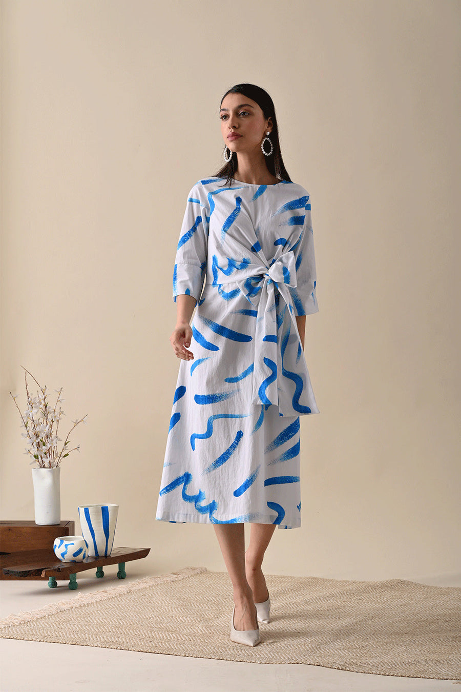 A Model Wearing Multicolor Organic Cotton Claire Blue Print Dress, curated by Only Ethikal
