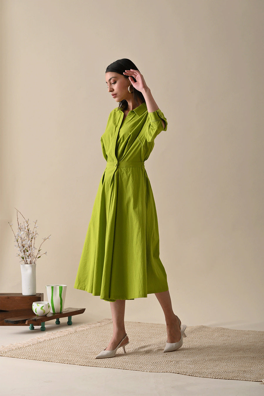 A Model Wearing Green Organic Cotton Eleanor Solid Dress, curated by Only Ethikal