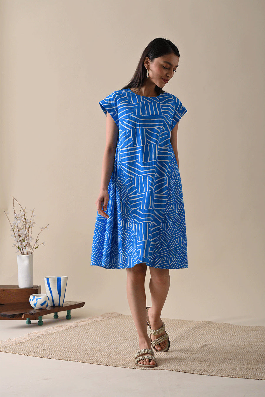 A Model Wearing Blue Pure Cotton Chloe Print Dress, curated by Only Ethikal