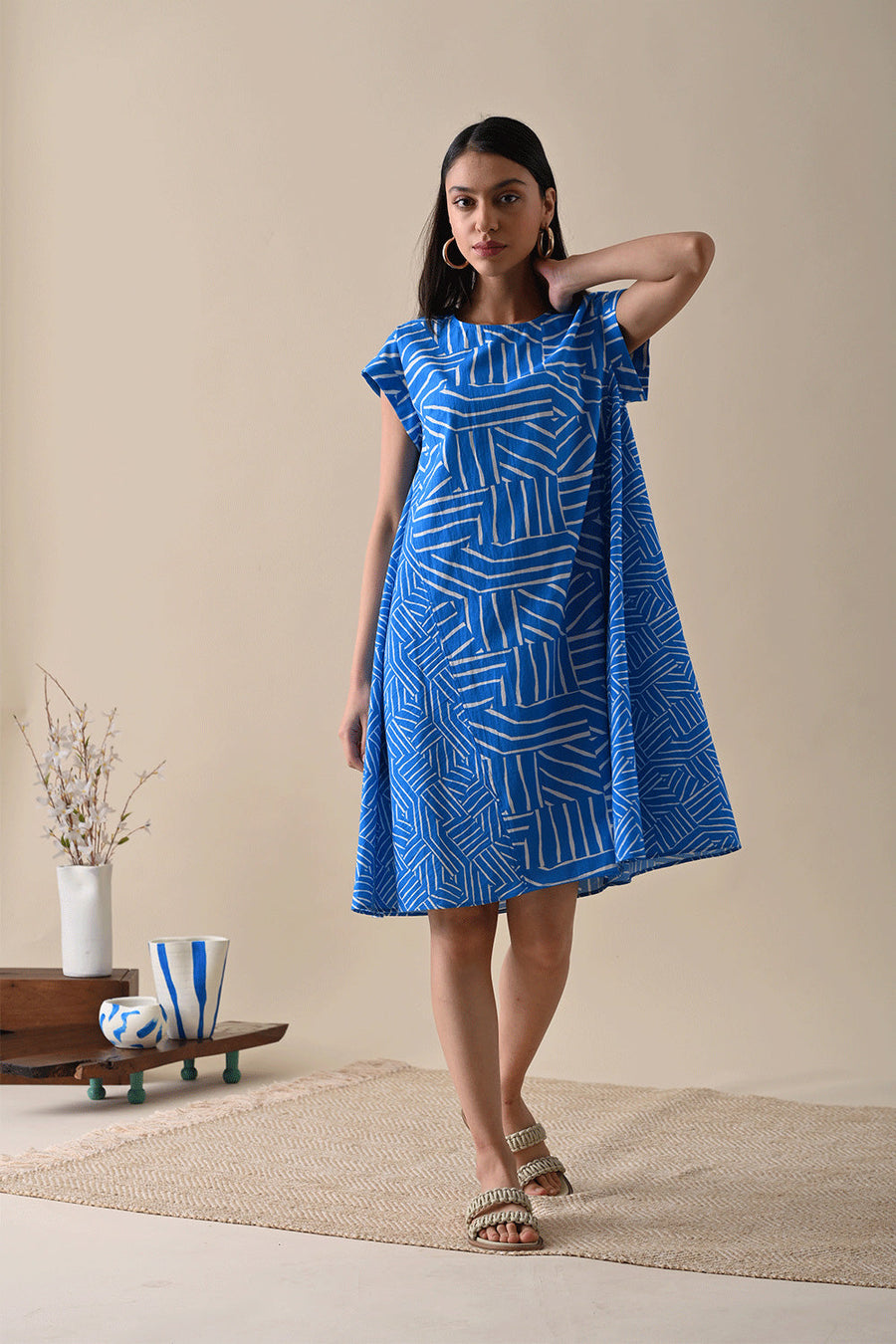 A Model Wearing Blue Pure Cotton Chloe Print Dress, curated by Only Ethikal