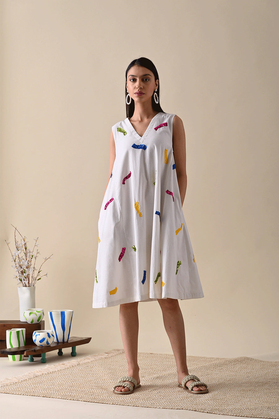 A Model Wearing Multicolor Pure Cotton Sophie Embroidered Dress, curated by Only Ethikal