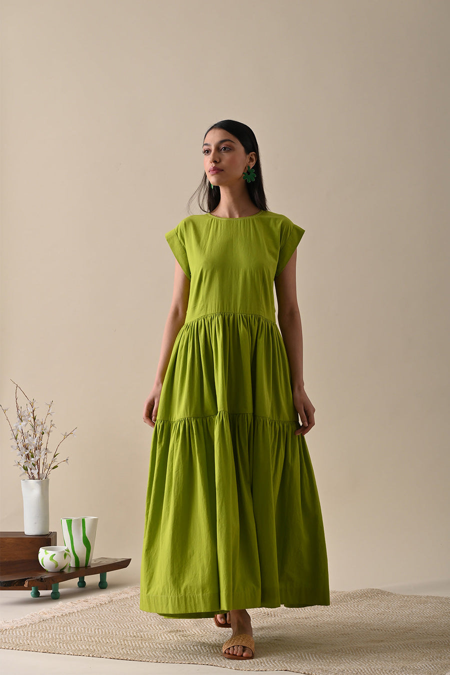 A Model Wearing Green Organic Cotton Vivian Dress, curated by Only Ethikal