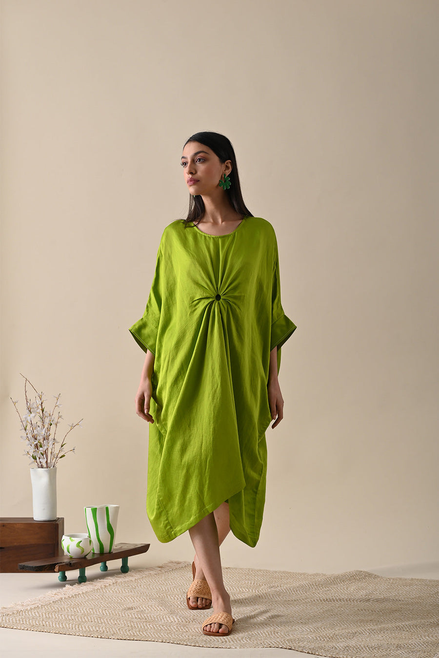 A Model Wearing Green Modal Satin Harper Dress, curated by Only Ethikal