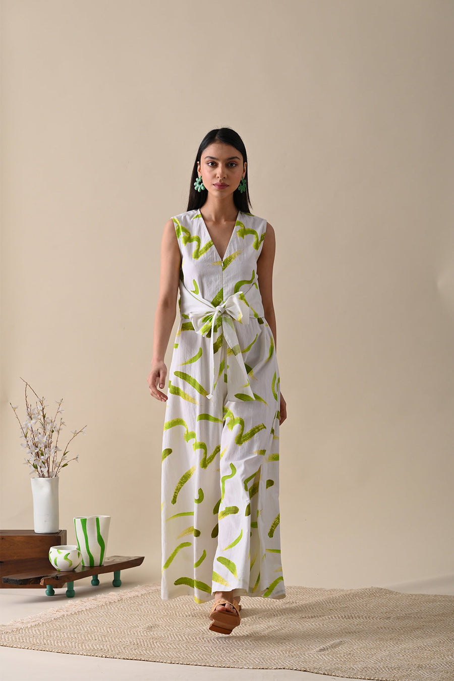 A Model Wearing Multicolor Pure Cotton Nova Olive Print Jumpsuit, curated by Only Ethikal