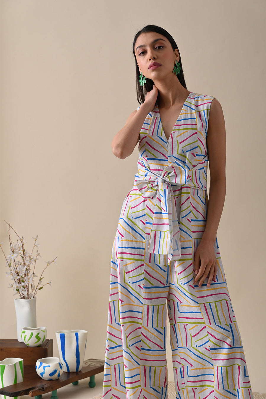 A Model Wearing Multicolor Hemp Nova Multi Print Jumpsuit, curated by Only Ethikal