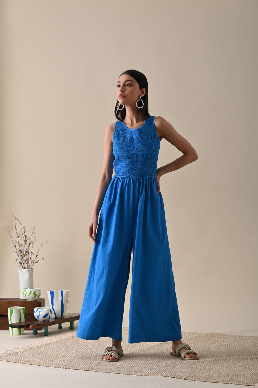 A Model Wearing Blue Organic Cotton Juliette Solid Jumpsuit, curated by Only Ethikal