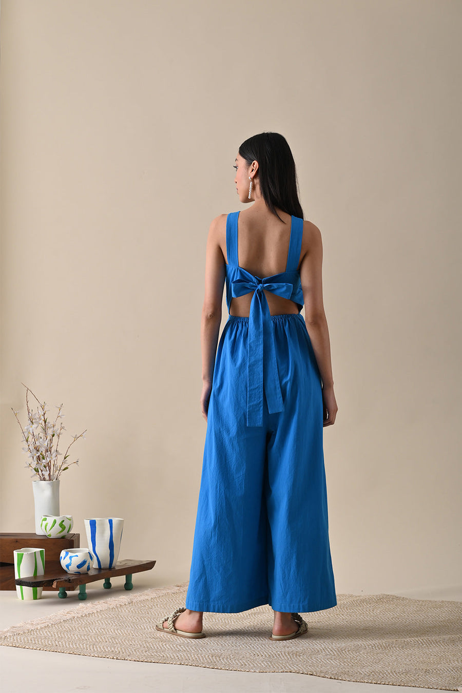 A Model Wearing Blue Organic Cotton Juliette Solid Jumpsuit, curated by Only Ethikal