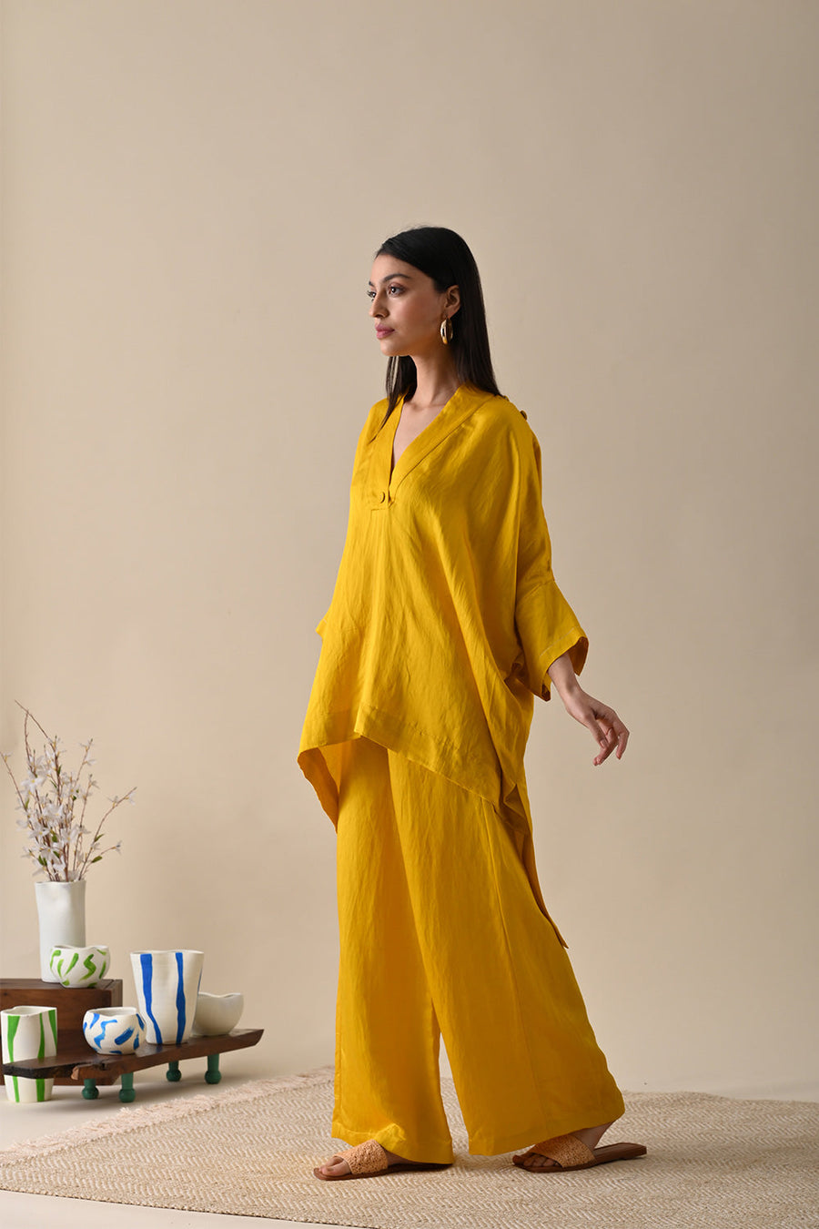 A Model Wearing Yellow Modal Satin Vita Co-Ord, curated by Only Ethikal