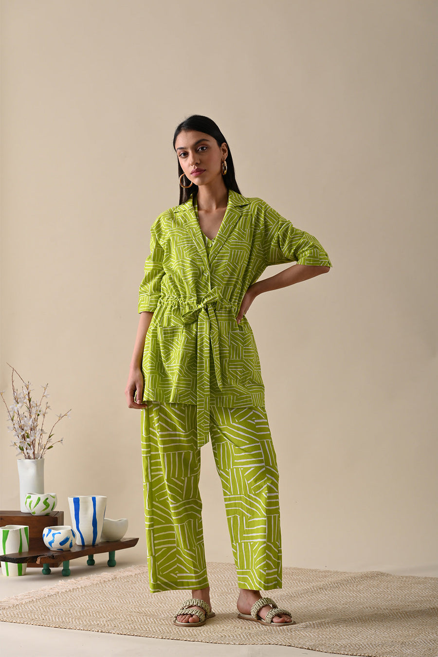 A Model Wearing Green Pure Cotton River Olive Print Co-Ord, curated by Only Ethikal