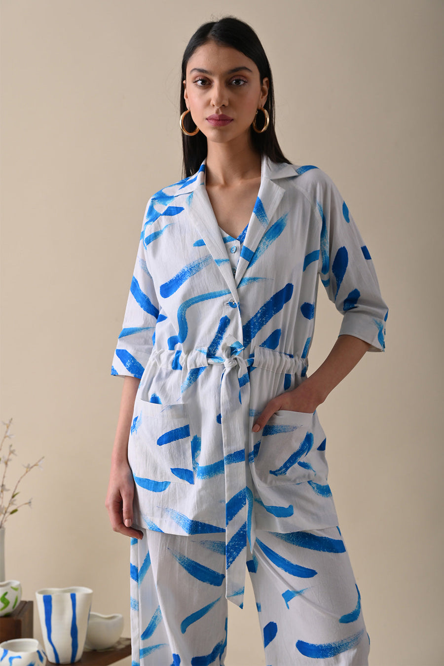 A Model Wearing Multicolor Pure Cotton River Blue Print Co-Ord, curated by Only Ethikal