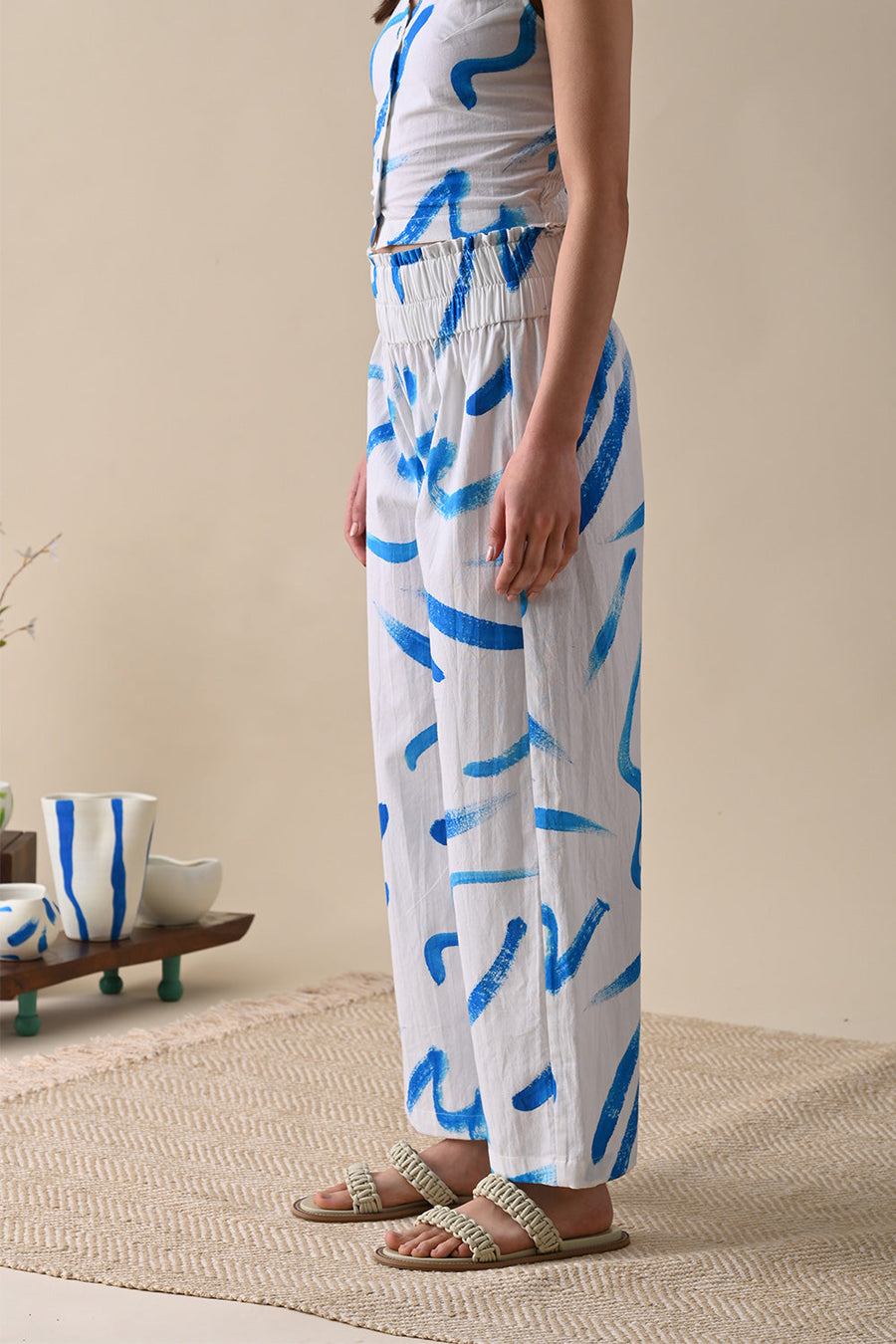 A Model Wearing Multicolor Pure Cotton River Blue Print Trouser, curated by Only Ethikal