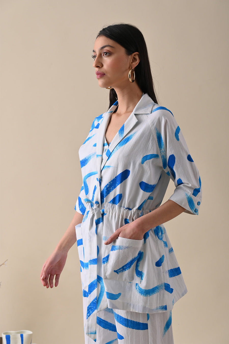 A Model Wearing Multicolor Pure Cotton River Blue Print Jacket, curated by Only Ethikal