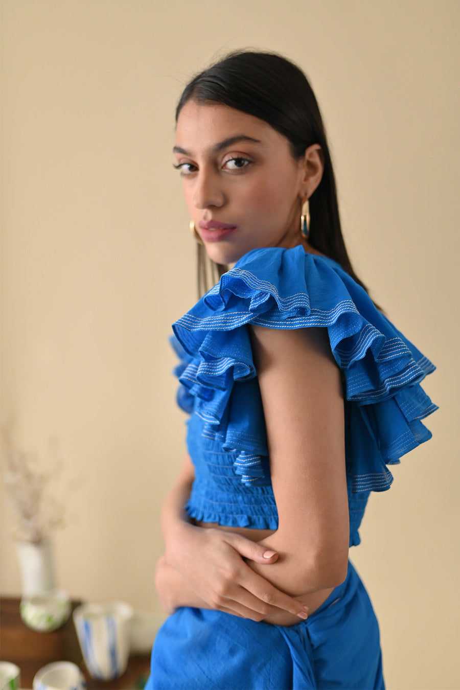 A Model Wearing Blue Pure Cotton Kia Blouse, curated by Only Ethikal