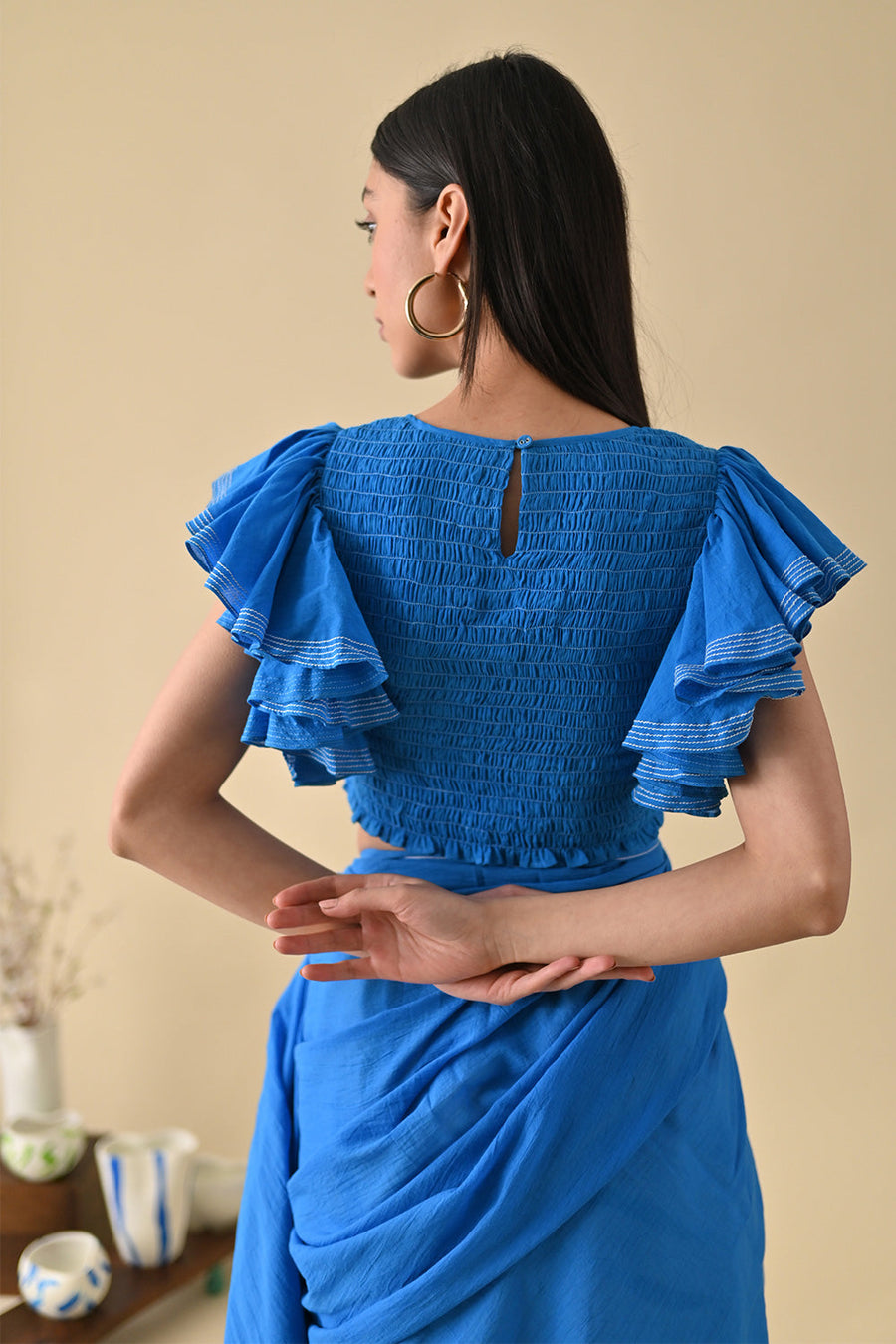 A Model Wearing Blue Pure Cotton Kia Blouse, curated by Only Ethikal