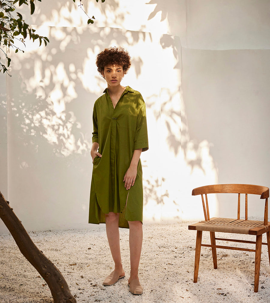 A Model Wearing Green Pure Cotton Spring Shirt Dress, curated by Only Ethikal
