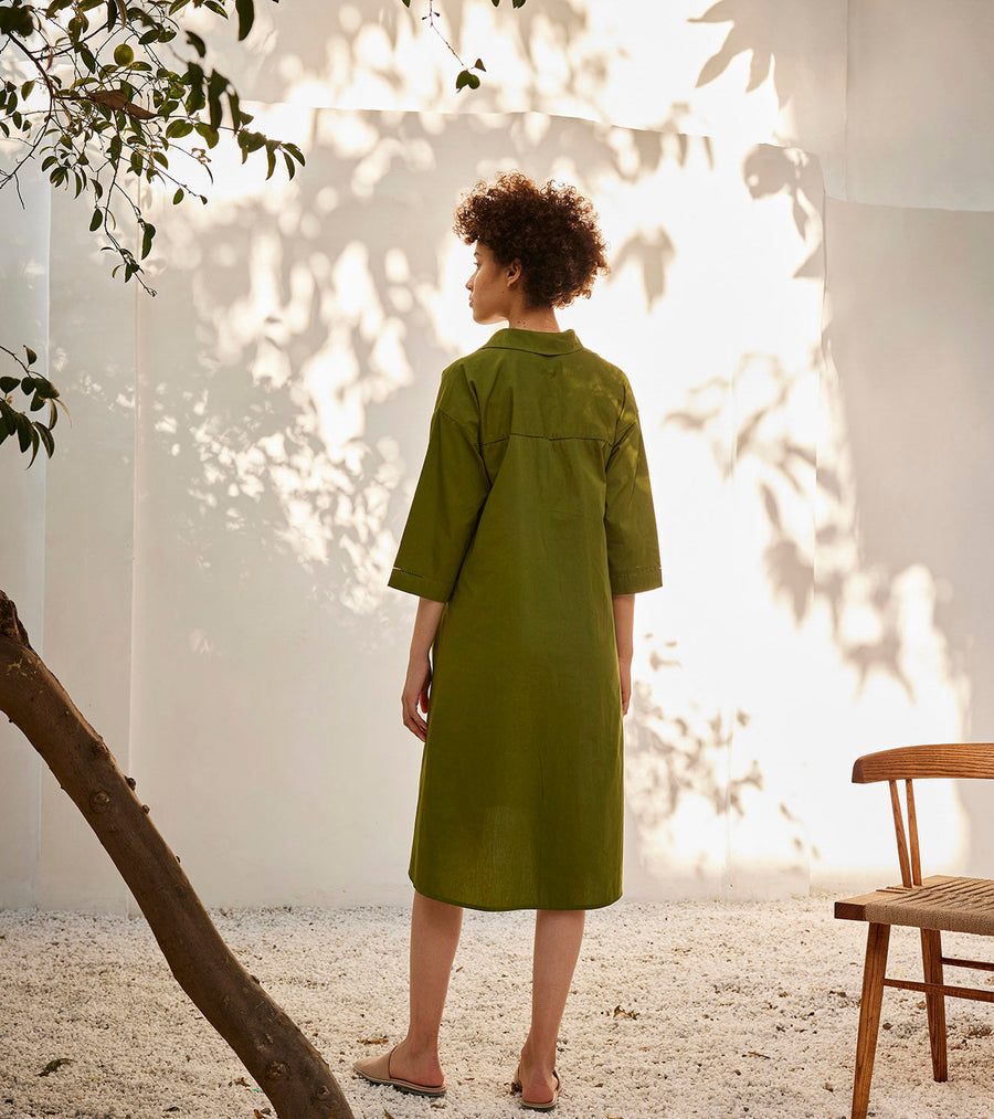 A Model Wearing Green Pure Cotton Spring Shirt Dress, curated by Only Ethikal