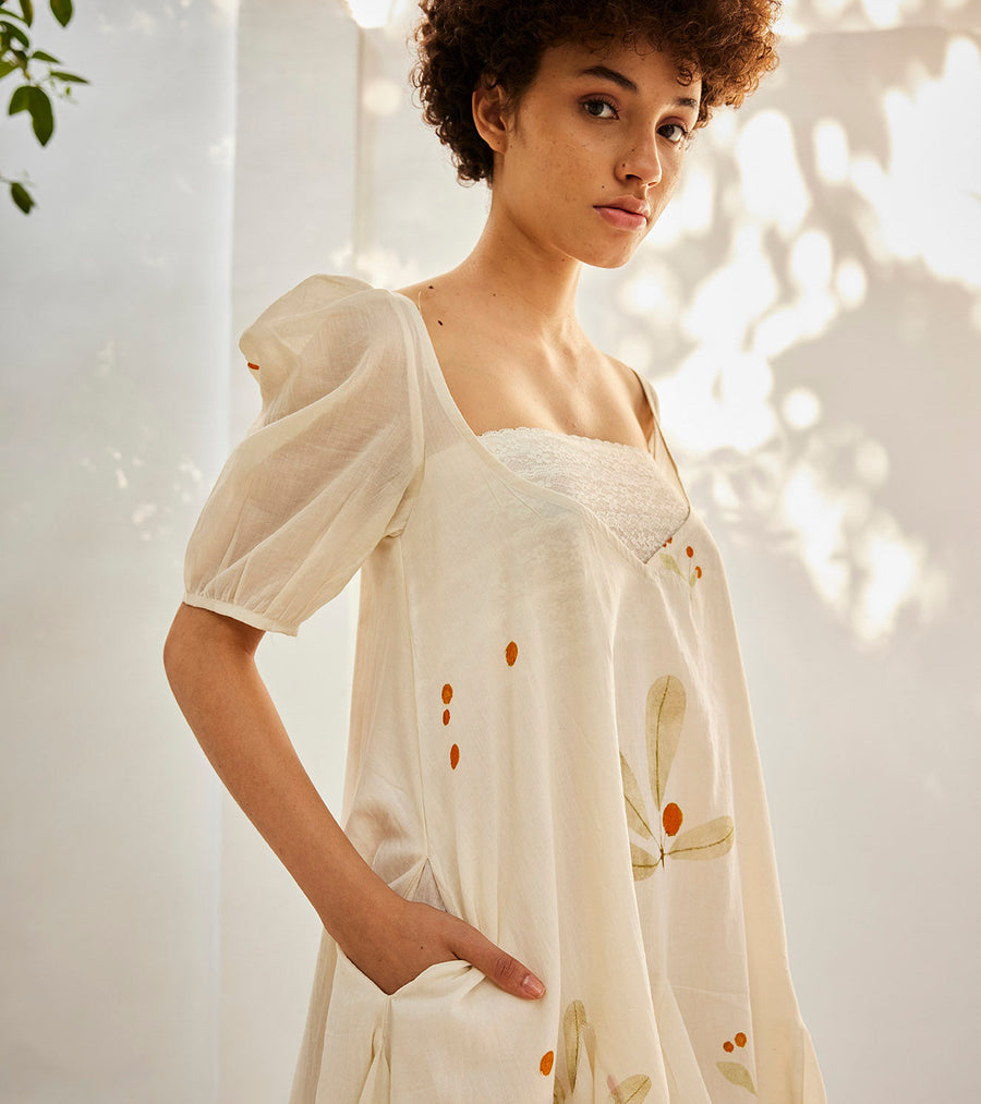 A Model Wearing White Pure Cotton White Cherry Dress, curated by Only Ethikal