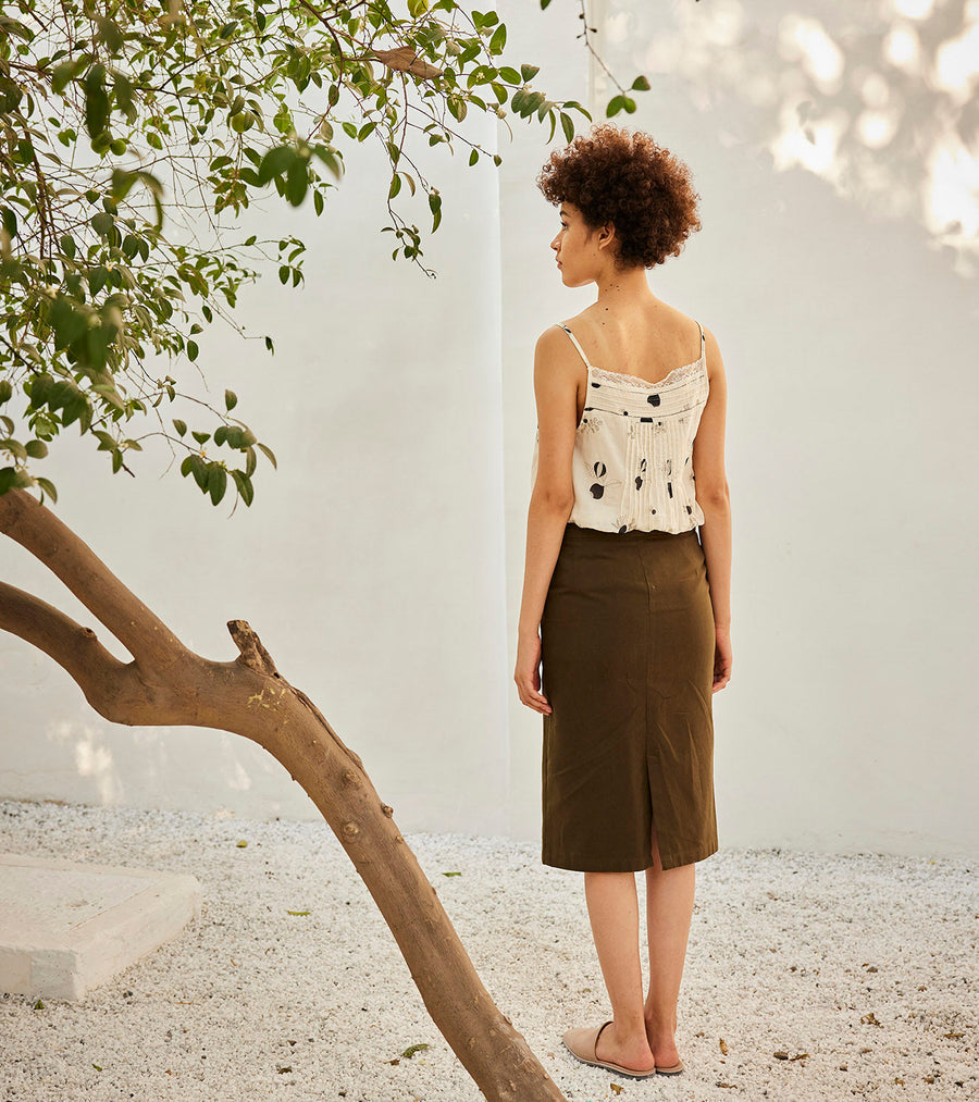A Model Wearing Multicolor Pure Cotton Olive Pencil Skirt, curated by Only Ethikal