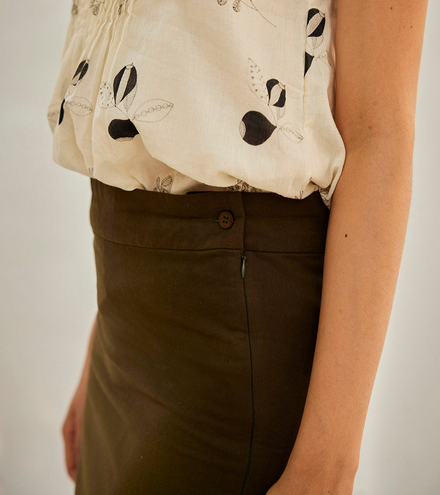 A Model Wearing Multicolor Pure Cotton Olive Pencil Skirt, curated by Only Ethikal