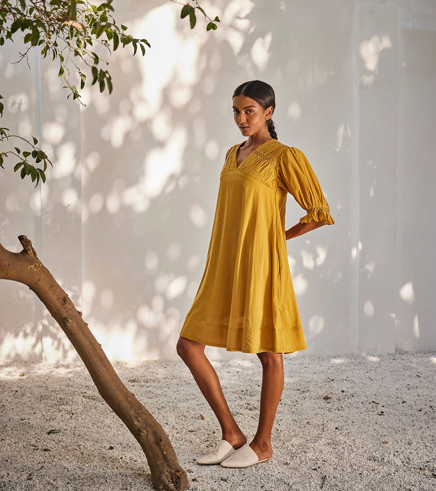 A Model Wearing Yellow Pure Cotton Warm Afternoon Dress, curated by Only Ethikal