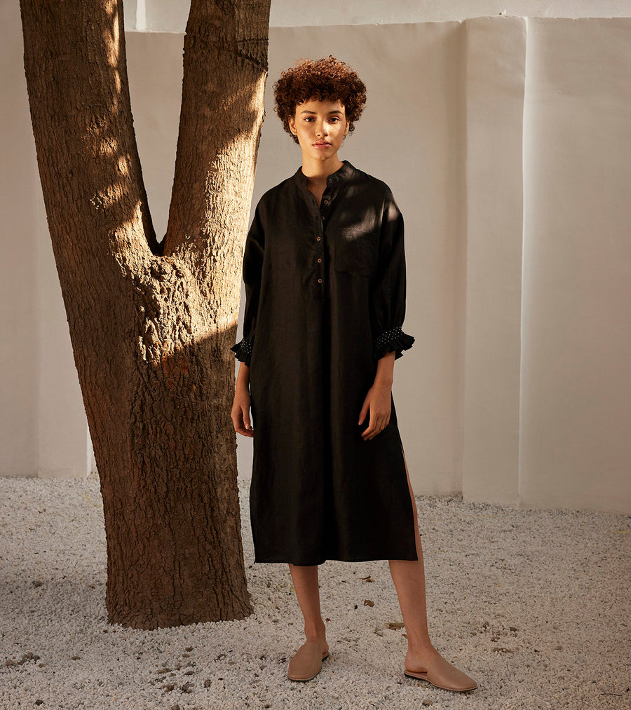 A Model Wearing Black Linen Eclipse Dress, curated by Only Ethikal