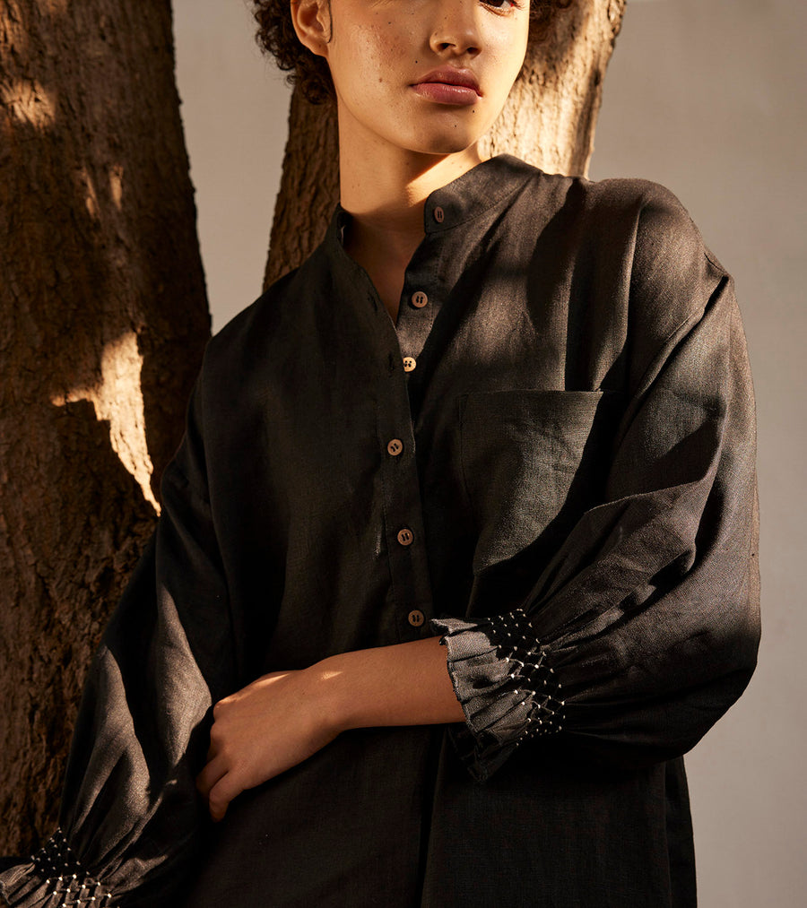 A Model Wearing Black Linen Eclipse Dress, curated by Only Ethikal