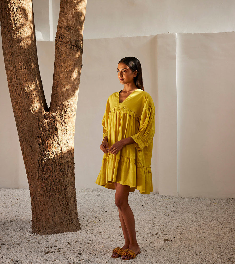 A Model Wearing Yellow Pure Cotton Marigold Dress, curated by Only Ethikal