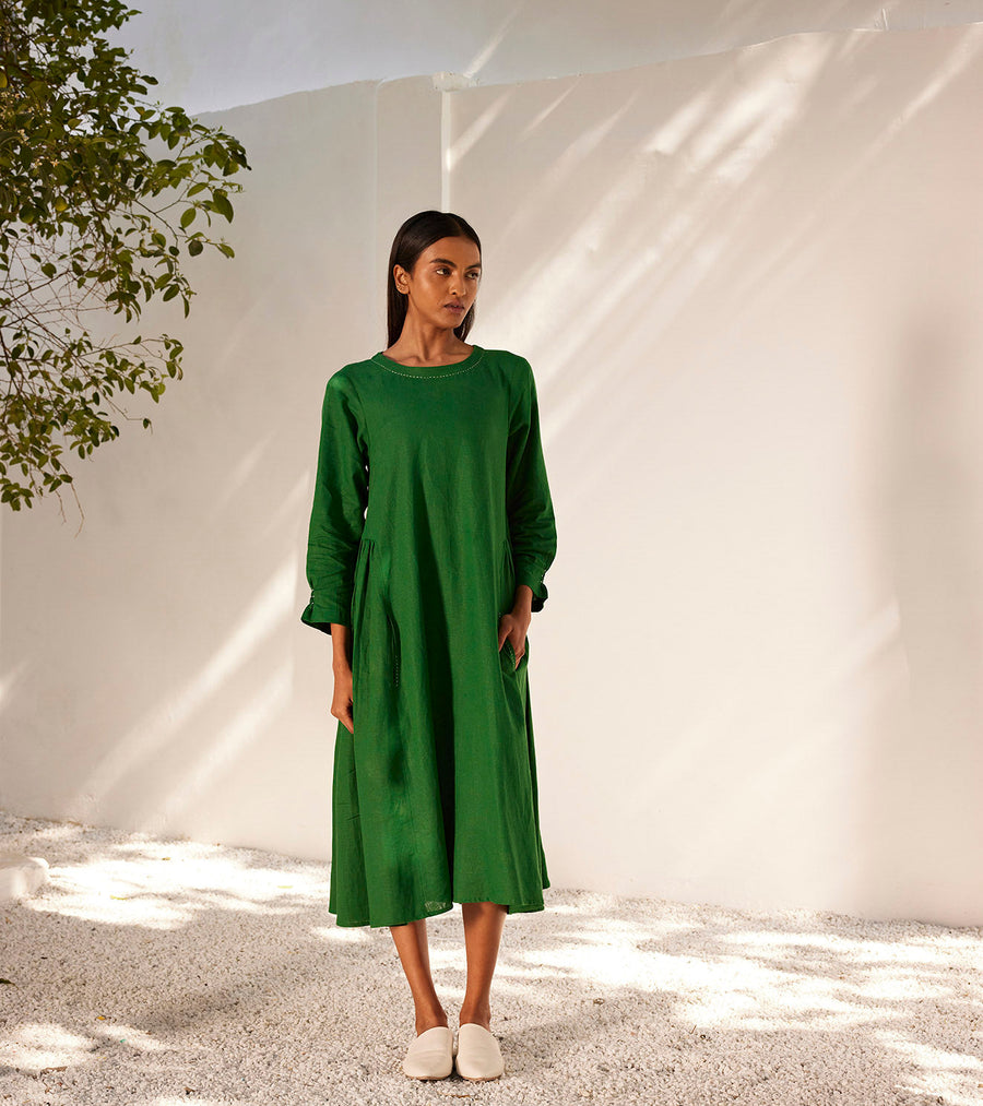 A Model Wearing Green Linen Late Spring Midi Dress, curated by Only Ethikal