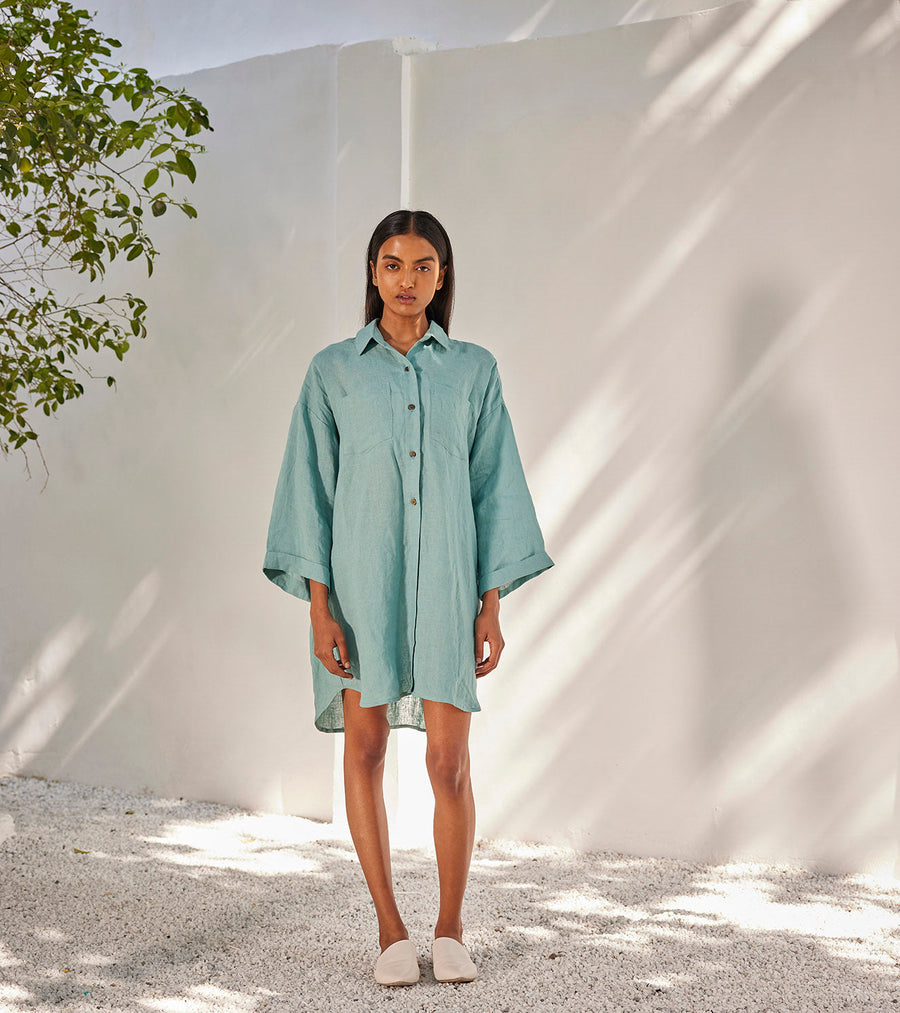 A Model Wearing Green Linen Blue Haze Shirt Dress, curated by Only Ethikal