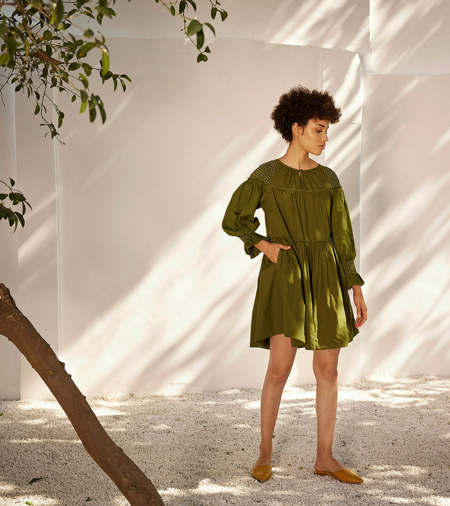 A Model Wearing Green Pure Cotton Spring Breeze Dress, curated by Only Ethikal