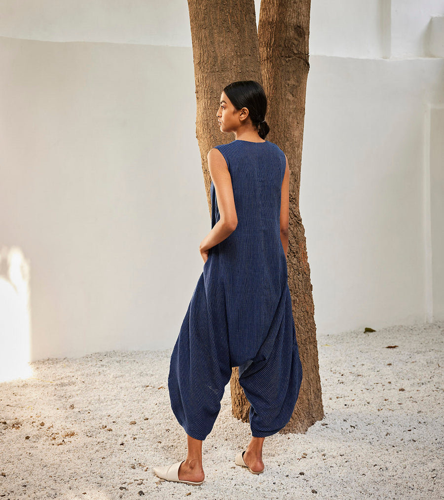 A Model Wearing Blue Pure Cotton Desire Jumpsuit, curated by Only Ethikal