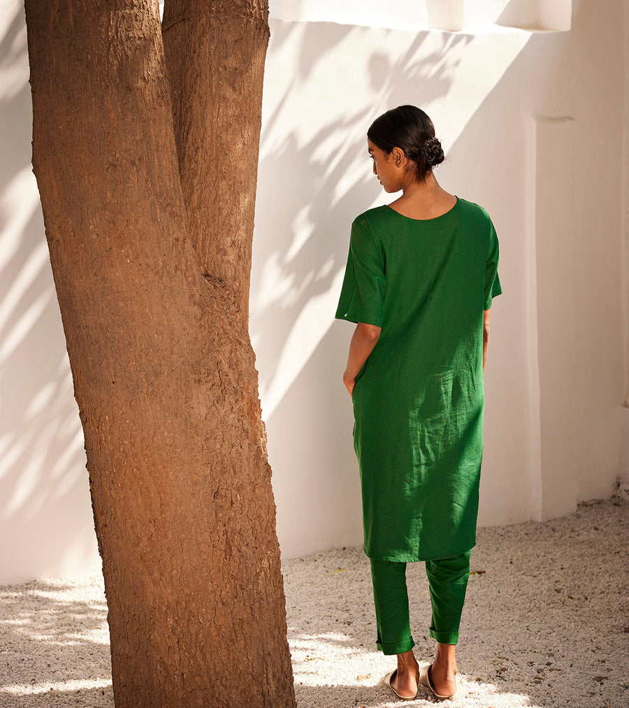 A Model Wearing Green Linen Engraved Co-Ord Set, curated by Only Ethikal