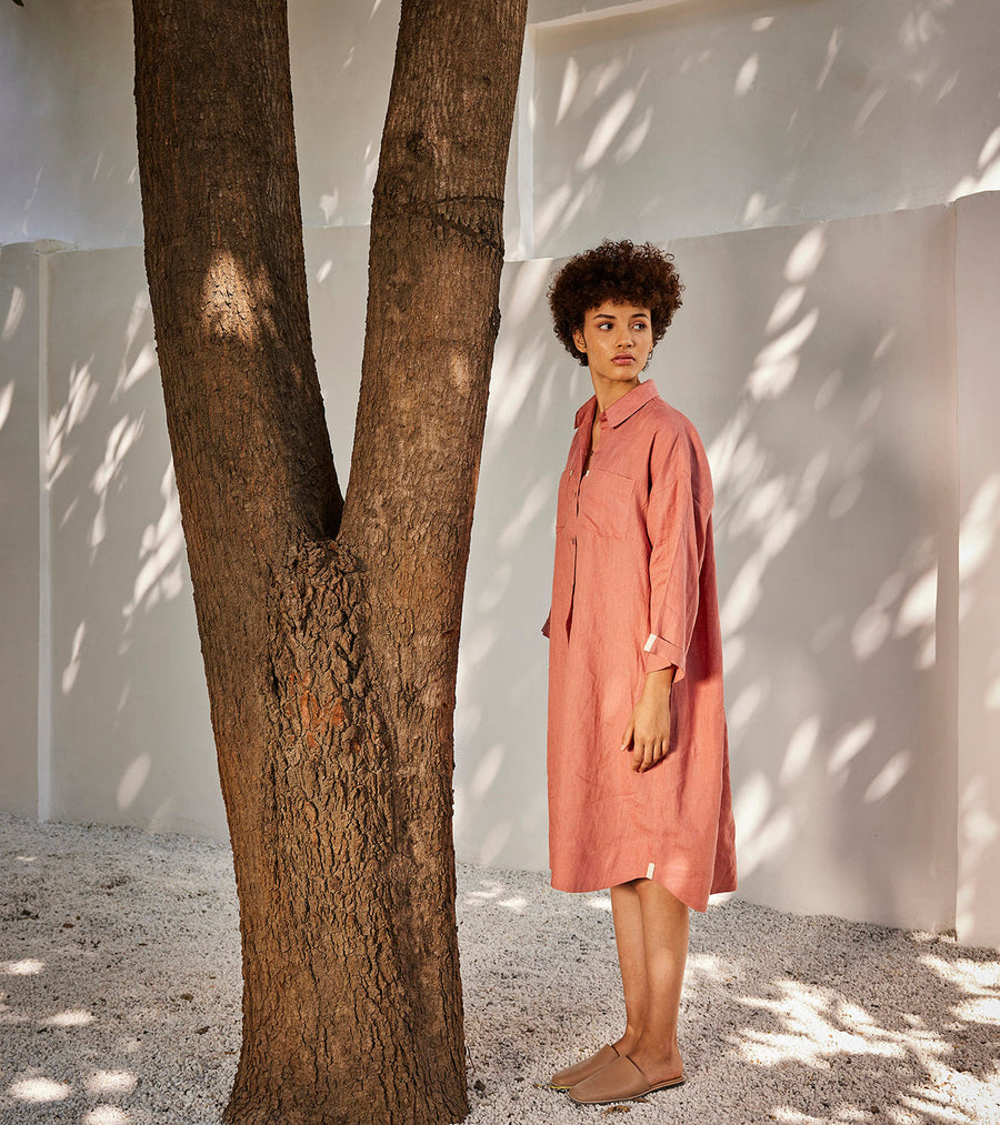 A Model Wearing Peach Linen Rose Blossom Shirt Dress, curated by Only Ethikal