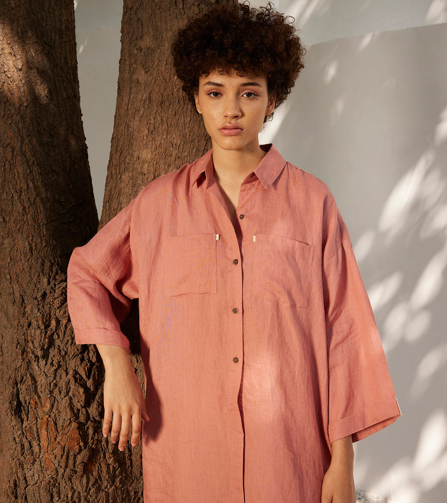 A Model Wearing Peach Linen Rose Blossom Shirt Dress, curated by Only Ethikal