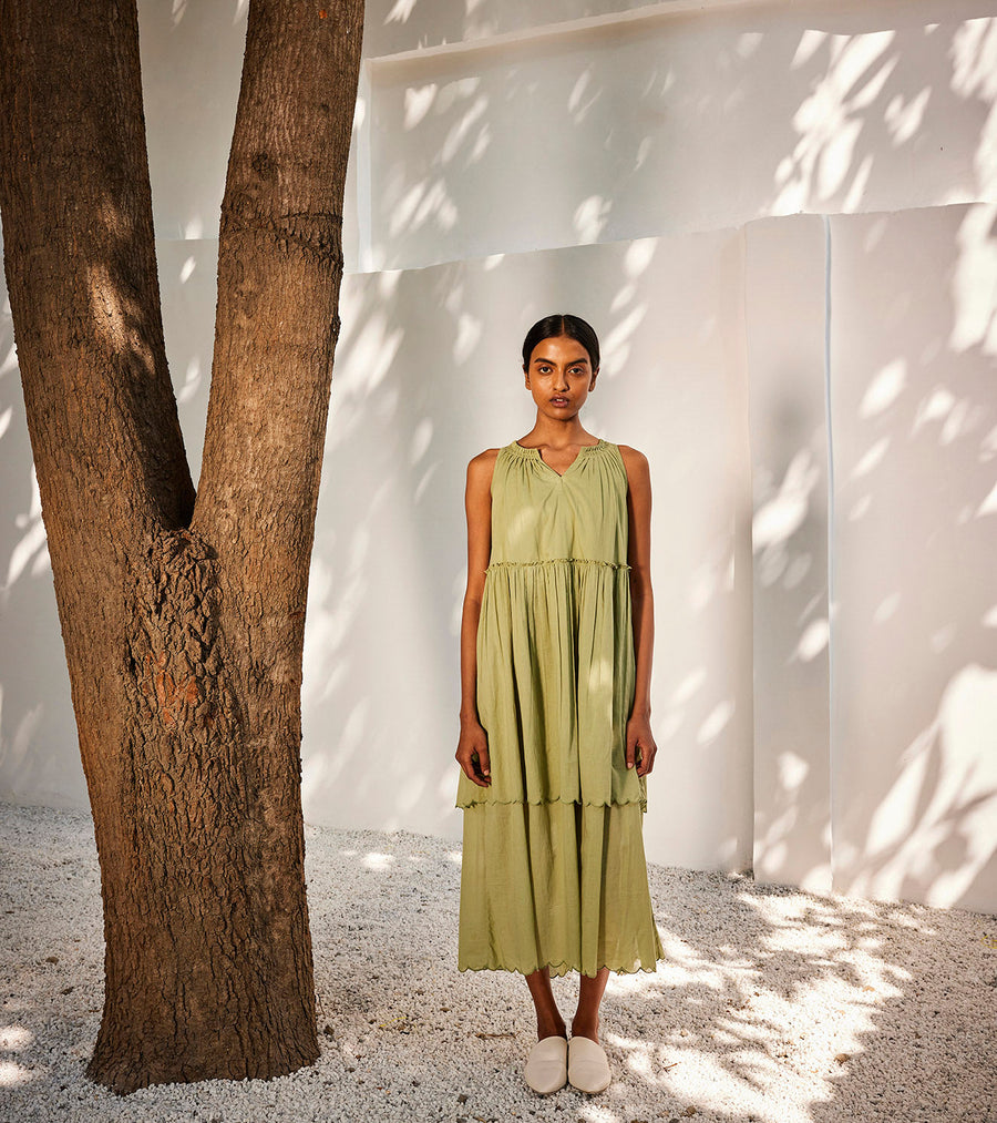 A Model Wearing Green Pure Cotton Blooming Midi Dress, curated by Only Ethikal